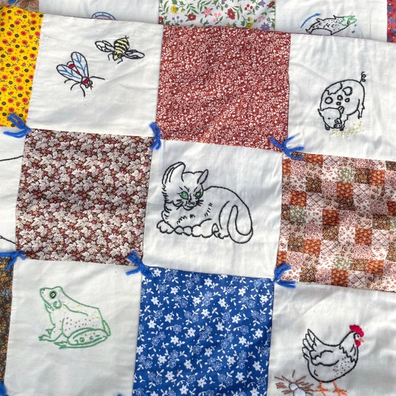 Vintage Baby Quilt Hand Stitched Animal Embroidery Multicolor Squares Crib Quilt Small 3' x 5' Colorful Patchwork Quilt Toddler Bed Kid Room