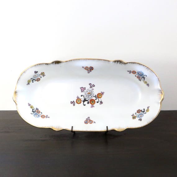 Vintage Serving Platter 1930s Arzberg Bavaria German China Iridescent Tiny Floral Gold Rim