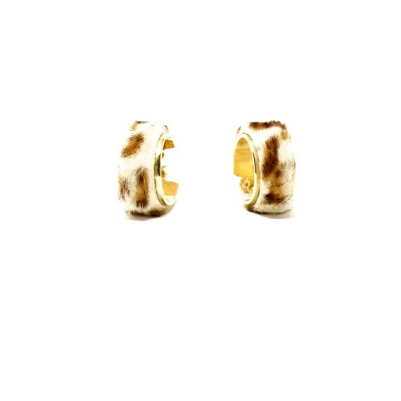 Vintage Earrings Leopard Fur Hoops Gold Toned Screw Back Wide Hoop Earring Covered in Faux Leopard Printed Rabbit Fur 1960s