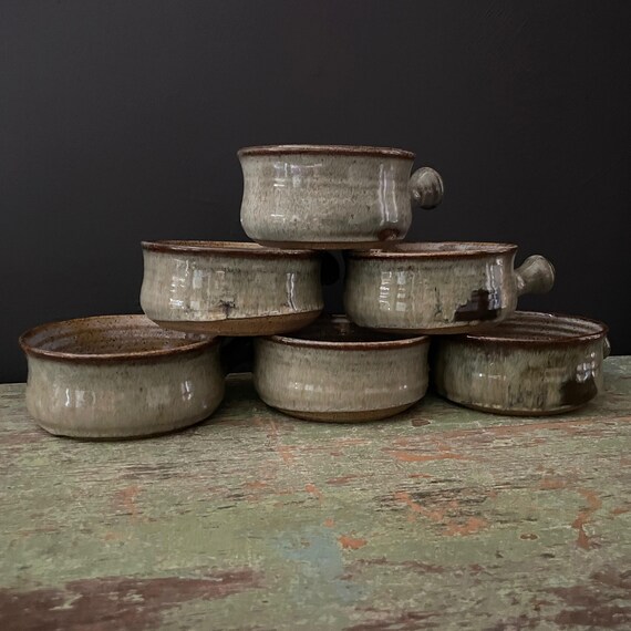 Vintage Pottery Crocks Set of 6 Speckled Gray Glazed Soup Bowls with Handles