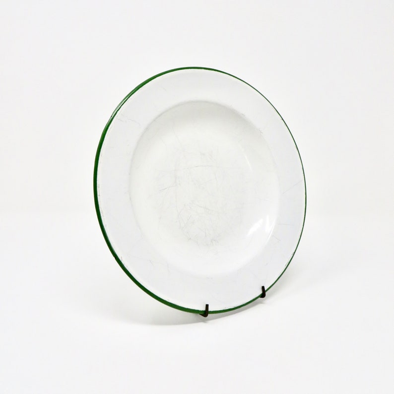 Vintage White Enamelware Plate Green Rim Enamel Camping Tin Dish Pie Plate