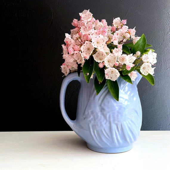 Vintage McCoy Pitcher Angelfish Periwinkle Blue Embossed Design Matte Glaze Pottery Jug with Handle Pale Blue Vase McCoy Shape #122 1940s