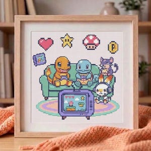 Pokémon korsstygnsmönster, pixelkonst spelkväll, retro 90-tals anime väggkonst, kawaii spelrum räknat diagram