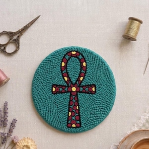 Ankh Punch Needle Pattern Floral Egyptian Symbol PDF Coaster Template 10cm Boho Embroidery Design