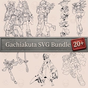 Könnte beinhalten: Eine digitale Sammlung von schwarz-weißen Strichzeichnungen mit verschiedenen Anime-Charakteren in dynamischen Posen. Ein zentrales Banner zeigt den Text Gachiakuta SVG Bundle mit einem roten Feld, das 20+ Designs anzeigt.