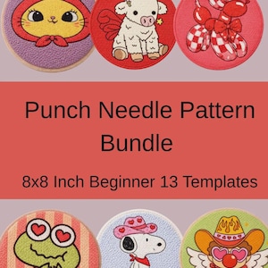 May include: A punch needle pattern bundle featuring 13 templates in an 8x8 inch size. The image displays six circular embroidered designs including a cat in a hood, a winged calf, a balloon dog, a frog with heart eyes, a dog in a hat, and a clown.