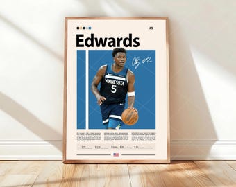 Poster Anthony Edwards, art mural joueur de basket-ball, impression athlète, décoration sport, affiche de chambre à coucher moderne, art sportif