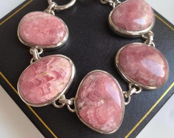 Sterling Silver Argentinian Rhodochrosite T Bar Crystal Bracelet