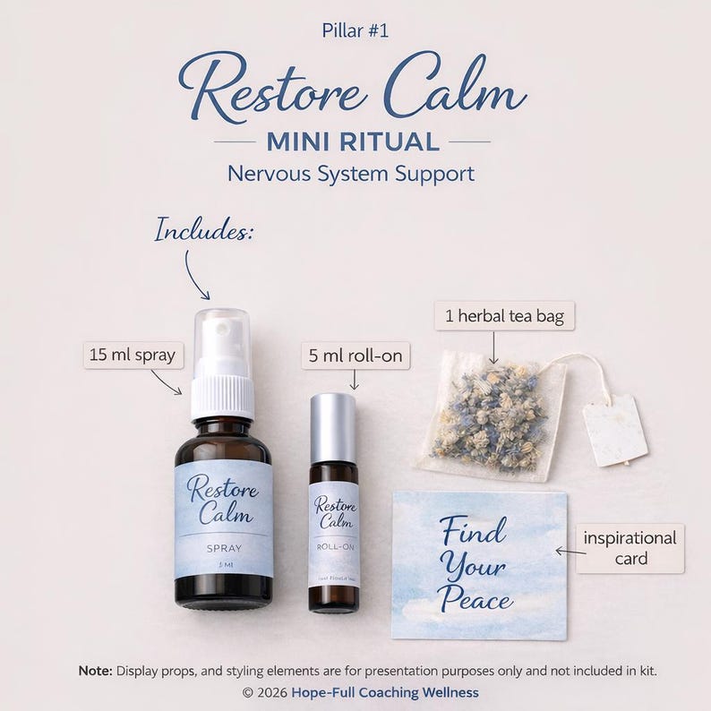 Restore Calm - Mini Ritual Wellness Kit Includes: 15 ml essential oil Calm Spray, 5 ml essential oil Calm Roll-on, botanical Calm Tea or herbal Calm Sachet, inspirational Calm Ritual card. The kit is designed for nervous system support.
Note: Display props, and styling elements are for presentation purposes only and are not included in the kit.