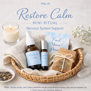 Restore Calm - Mini Ritual Wellness Kit Includes: 15 ml essential oil Calm Spray, 5 ml essential oil Calm Roll-on, botanical Calm Tea or herbal Calm Sachet, inspirational Calm Ritual card. The kit is designed for nervous system support.
Note: Display props, and styling elements are for presentation purposes only and are not included in the kit.