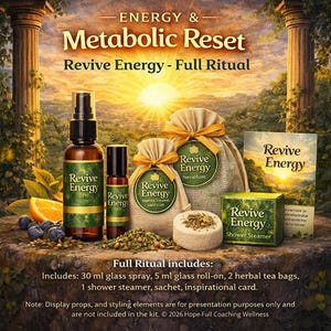 May include: An advertisement for a "Revive Energy" full ritual set. The set includes a 30 ml glass spray, a 5 ml roll-on, herbal tea bags, a shower steamer, and an inspirational card. The products are displayed with oranges and blueberries.