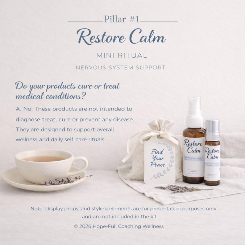 Restore Calm - Mini Ritual Wellness Kit Includes: 15 ml essential oil Calm Spray, 5 ml essential oil Calm Roll-on, botanical Calm Tea or herbal Calm Sachet, inspirational Calm Ritual card. The kit is designed for nervous system support.
Note: Display props, and styling elements are for presentation purposes only and are not included in the kit.