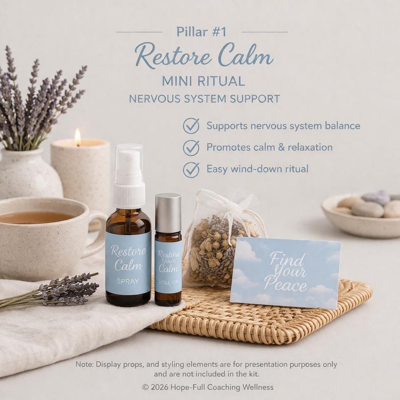 Restore Calm - Mini Ritual Wellness Kit Includes: 15 ml essential oil Calm Spray, 5 ml essential oil Calm Roll-on, botanical Calm Tea or herbal Calm Sachet, inspirational Calm Ritual card. The kit is designed for nervous system support.
Note: Display props, and styling elements are for presentation purposes only and are not included in the kit.