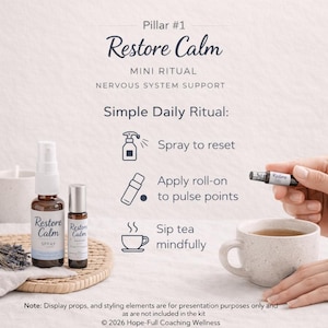Restore Calm - Mini Ritual Wellness Kit Includes: 15 ml essential oil Calm Spray, 5 ml essential oil Calm Roll-on, botanical Calm Tea or herbal Calm Sachet, inspirational Calm Ritual card. The kit is designed for nervous system support.
Note: Display props, and styling elements are for presentation purposes only and are not included in the kit.