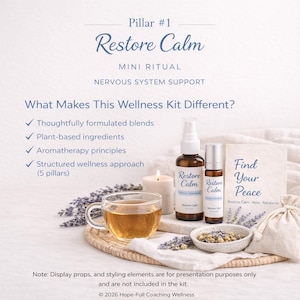 Restore Calm - Mini Ritual Wellness Kit Includes: 15 ml essential oil Calm Spray, 5 ml essential oil Calm Roll-on, botanical Calm Tea or herbal Calm Sachet, inspirational Calm Ritual card. The kit is designed for nervous system support.
Note: Display props, and styling elements are for presentation purposes only and are not included in the kit.