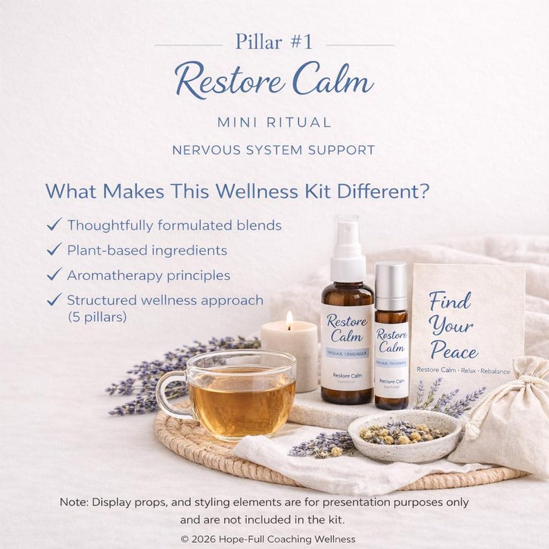 Restore Calm - Mini Ritual Wellness Kit Includes: 15 ml essential oil Calm Spray, 5 ml essential oil Calm Roll-on, botanical Calm Tea or herbal Calm Sachet, inspirational Calm Ritual card. The kit is designed for nervous system support.
Note: Display props, and styling elements are for presentation purposes only and are not included in the kit.