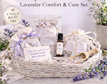 Lavender Comfort and Calm Gift Set | Bath Soak, Tea, Roll-On | Relaxation & Stress Support | Mother’s Day Self Care Gift | Lavender Bath