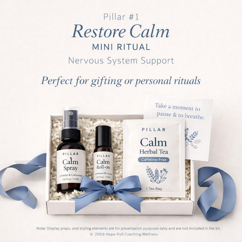 Restore Calm - Mini Ritual Wellness Kit Includes: 15 ml essential oil Calm Spray, 5 ml essential oil Calm Roll-on, botanical Calm Tea or herbal Calm Sachet, inspirational Calm Ritual card. The kit is designed for nervous system support.
Note: Display props, and styling elements are for presentation purposes only and are not included in the kit.