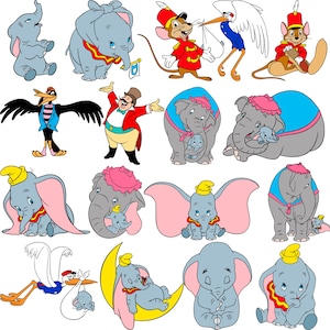 May include: A collection of cartoon illustrations featuring characters from the Disney film Dumbo. The images include Dumbo the elephant, Timothy Q. Mouse, and other circus-themed characters in various poses and outfits. The color palette is primarily pastel with bright accents.