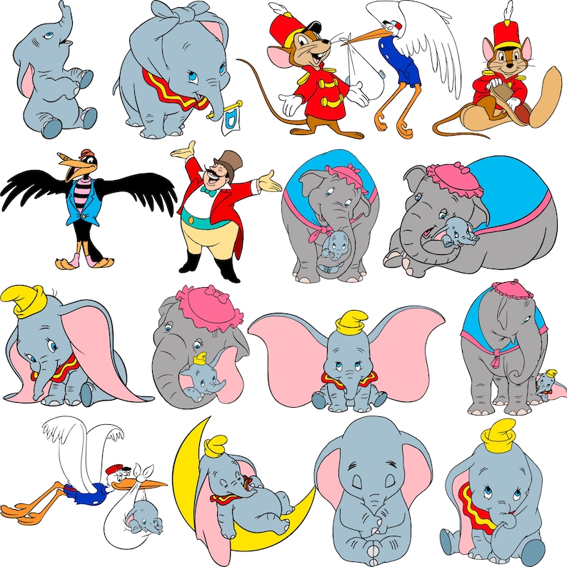 May include: A collection of cartoon illustrations featuring characters from the Disney film Dumbo. The images include Dumbo the elephant, Timothy Q. Mouse, and other circus-themed characters in various poses and outfits. The color palette is primarily pastel with bright accents.