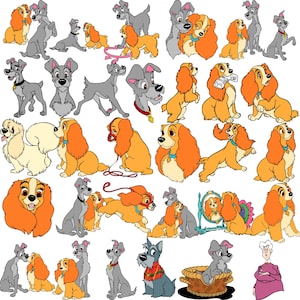 May include: A collection of cartoon illustrations featuring the characters Lady and Tramp from the Disney animated film. The images showcase the dogs in various poses, with Lady's golden fur and Tramp's gray coat prominently displayed.