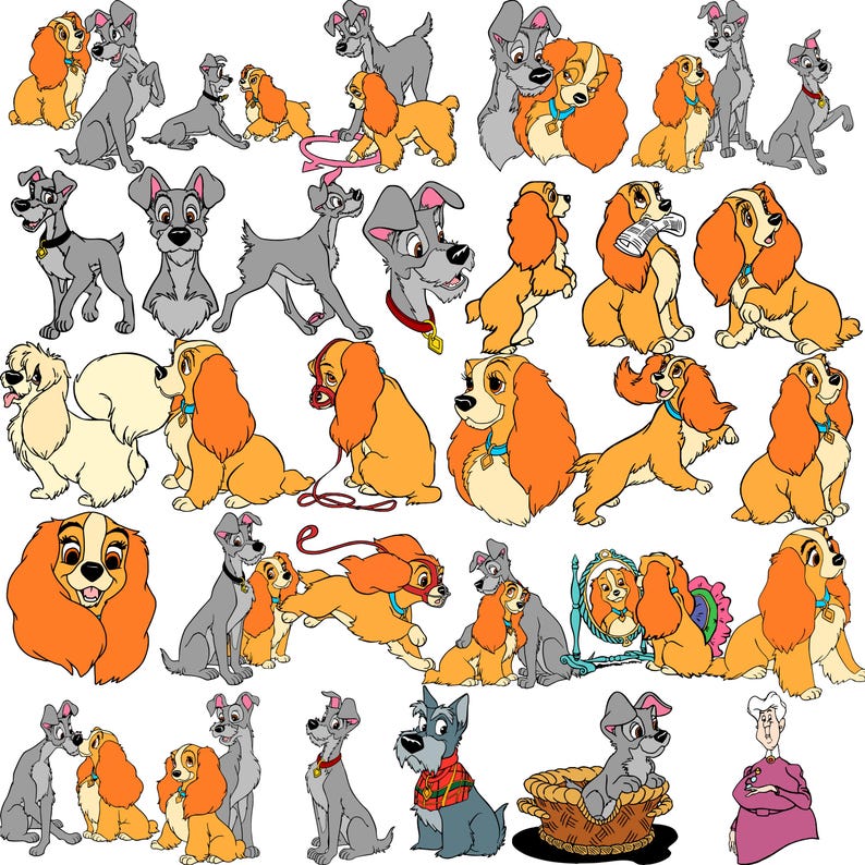 May include: A collection of cartoon illustrations featuring the characters Lady and Tramp from the Disney animated film. The images showcase the dogs in various poses, with Lady's golden fur and Tramp's gray coat prominently displayed.