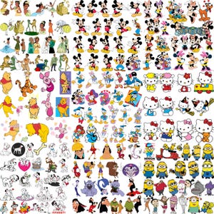 May include: A collection of colorful cartoon character stickers, including Mickey Mouse, Winnie the Pooh, Hello Kitty, and Minions. The stickers feature various poses and designs, perfect for crafting or decorating.