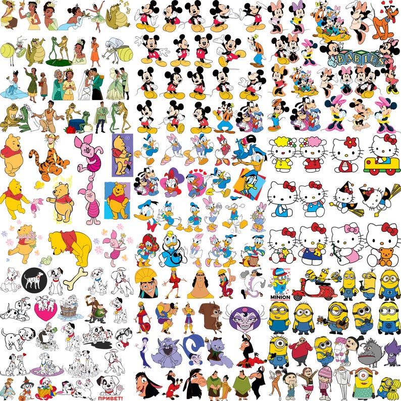 May include: A collection of colorful cartoon character stickers, including Mickey Mouse, Winnie the Pooh, Hello Kitty, and Minions. The stickers feature various poses and designs, perfect for crafting or decorating.