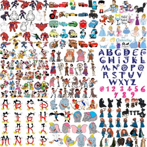 May include: A collection of cartoon character graphics, including Disney characters, superheroes, and vehicles. The image also features the alphabet and numbers in a decorative font, along with the text "Babbul Bobbal Bore" and "Cinderella".