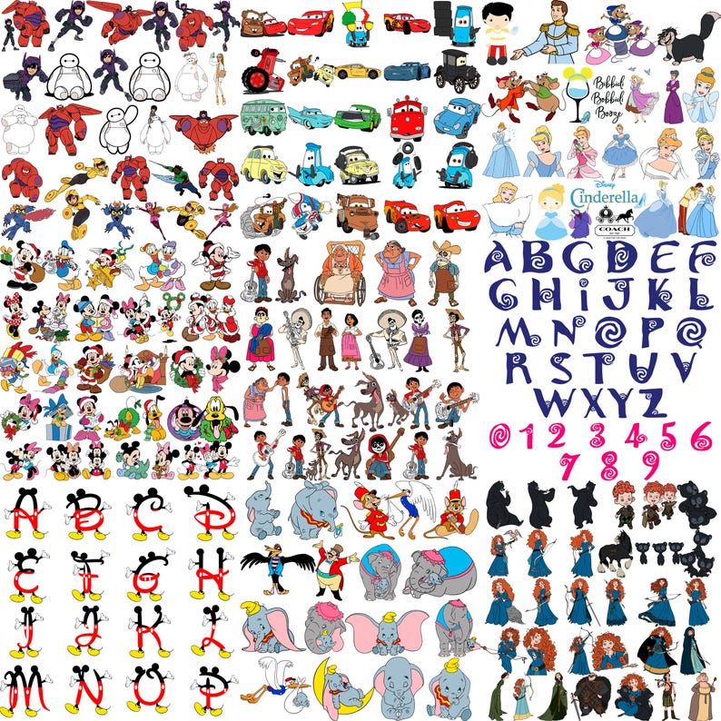 May include: A collection of cartoon character graphics, including Disney characters, superheroes, and vehicles. The image also features the alphabet and numbers in a decorative font, along with the text "Babbul Bobbal Bore" and "Cinderella".