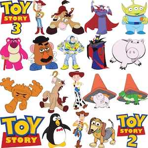 May include: A collection of colorful cartoon character illustrations from the Toy Story movie franchise. Characters include Woody, Buzz Lightyear, and others, with the Toy Story 3 and 2 logos.