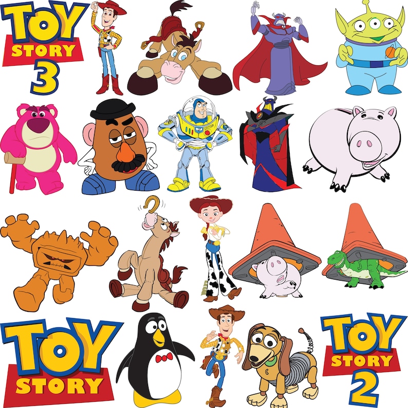 May include: A collection of colorful cartoon character illustrations from the Toy Story movie franchise. Characters include Woody, Buzz Lightyear, and others, with the Toy Story 3 and 2 logos.