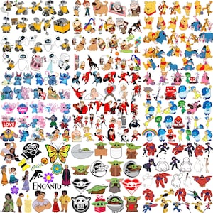 May include: A collection of colorful cartoon character stickers, including characters from Disney movies such as Wall-E, Stitch, Winnie the Pooh, The Incredibles, and Baby Yoda. The stickers are in various sizes and poses.