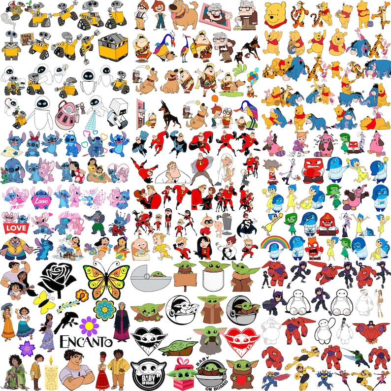 May include: A collection of colorful cartoon character stickers, including characters from Disney movies such as Wall-E, Stitch, Winnie the Pooh, The Incredibles, and Baby Yoda. The stickers are in various sizes and poses.