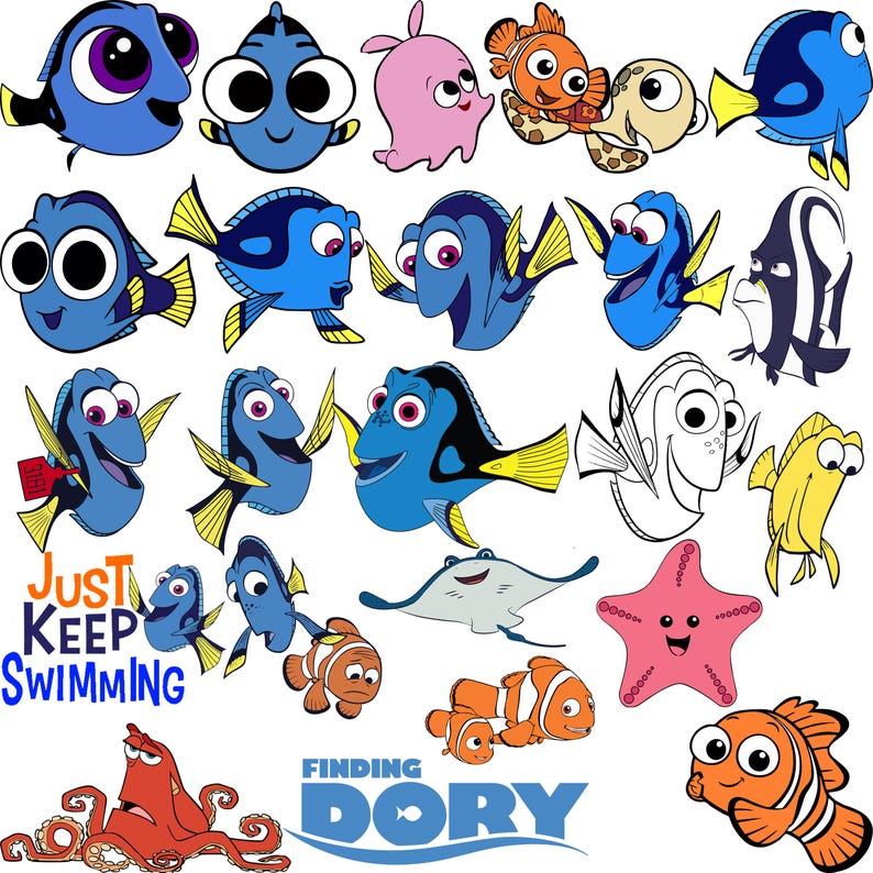 May include: A collection of cartoon fish characters from the movie "Finding Dory". The image features various fish in shades of blue, orange, yellow, and pink. Text includes "Just Keep Swimming" and "Finding Dory".