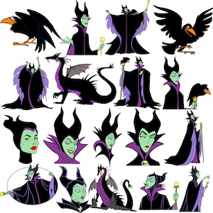 May include: A collection of cartoon illustrations featuring the character Maleficent from Disney's Sleeping Beauty. The images showcase Maleficent in various poses, with her signature black and purple attire, and a raven. The dragon form is also included.