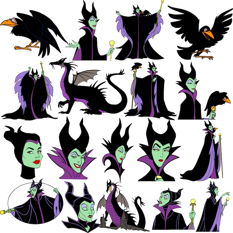May include: A collection of cartoon illustrations featuring the character Maleficent from Disney's Sleeping Beauty. The images showcase Maleficent in various poses, with her signature black and purple attire, and a raven. The dragon form is also included.