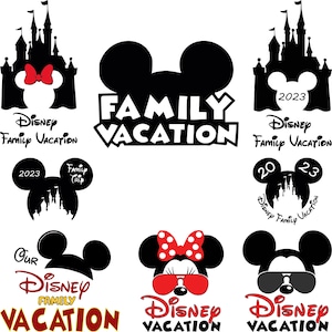 May include: A collection of black and red Disney-themed graphics. The designs include Mickey Mouse ears, castles, and the text "Family Vacation" in various fonts. Some designs feature the year "2023" and Minnie Mouse with sunglasses and a bow.