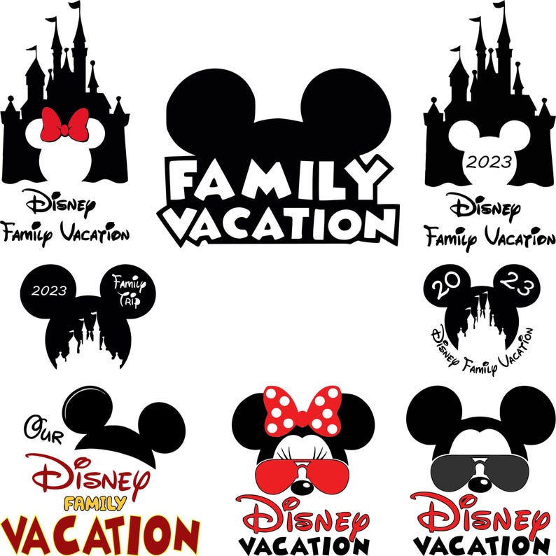 May include: A collection of black and red Disney-themed graphics. The designs include Mickey Mouse ears, castles, and the text "Family Vacation" in various fonts. Some designs feature the year "2023" and Minnie Mouse with sunglasses and a bow.