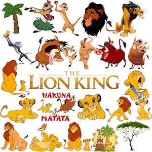 May include: A colorful collage of characters from "The Lion King" animated film. The image features Simba, Nala, Timon, Pumbaa, Scar, and other characters. The words "The Lion King" and "Hakuna Matata" are also visible.