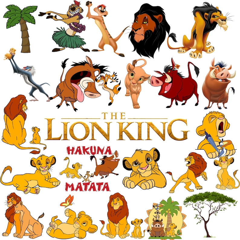May include: A colorful collage of characters from "The Lion King" animated film. The image features Simba, Nala, Timon, Pumbaa, Scar, and other characters. The words "The Lion King" and "Hakuna Matata" are also visible.