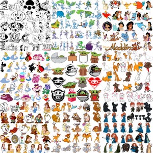 May include: A collection of various cartoon character illustrations, including characters from Disney's 101 Dalmatians, Alice in Wonderland, Aladdin, and The Mandalorian. The images are in black and white and color.