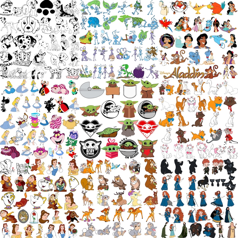 May include: A collection of various cartoon character illustrations, including characters from Disney's 101 Dalmatians, Alice in Wonderland, Aladdin, and The Mandalorian. The images are in black and white and color.