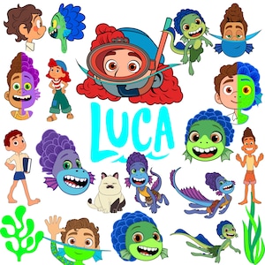 May include: A collection of colorful cartoon illustrations featuring characters from the movie "Luca". The images include various characters with unique features, such as fish-like elements, and the word "Luca" in large, turquoise letters.