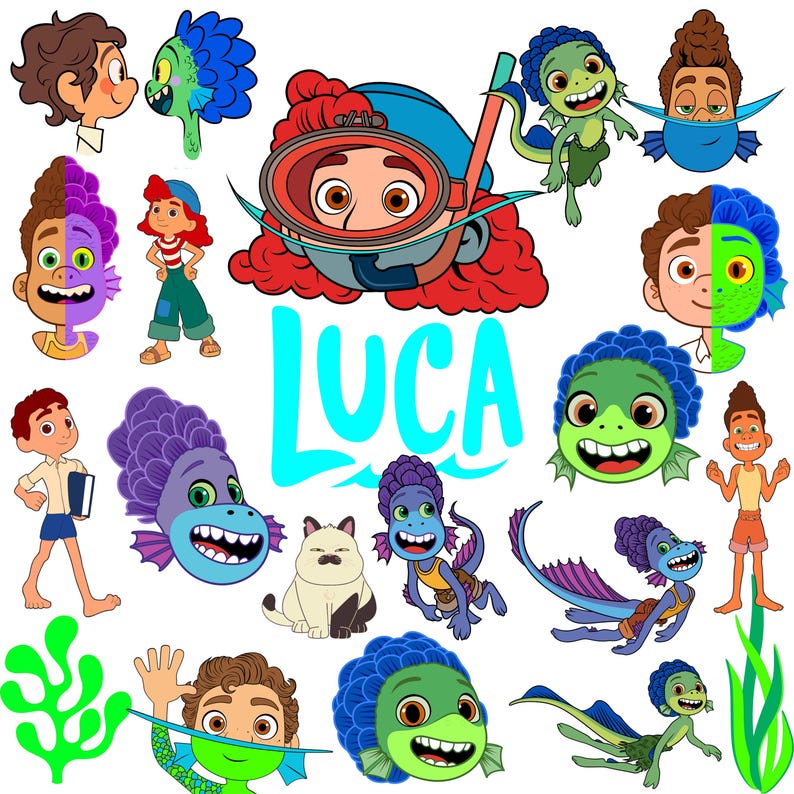 May include: A collection of colorful cartoon illustrations featuring characters from the movie "Luca". The images include various characters with unique features, such as fish-like elements, and the word "Luca" in large, turquoise letters.