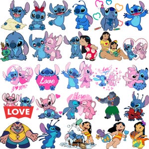May include: A collection of cartoon character stickers featuring the blue alien Stitch and his pink counterpart, Angel, along with Lilo and other characters. The stickers are in various poses, some holding hearts with the word "Love" on them. The overall color scheme is blue, pink, and white.