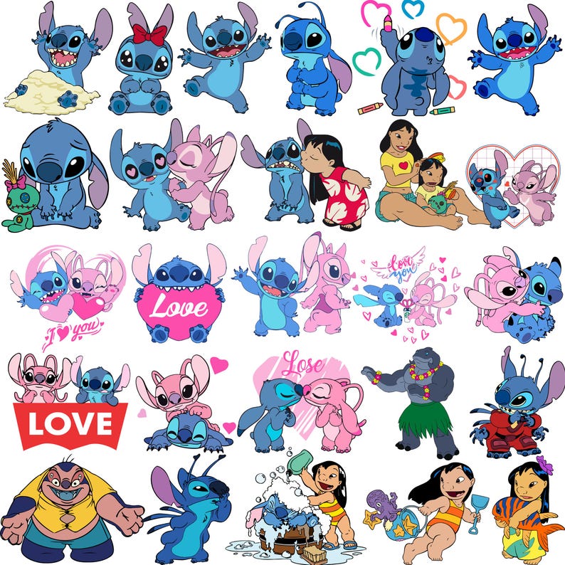 May include: A collection of cartoon character stickers featuring the blue alien Stitch and his pink counterpart, Angel, along with Lilo and other characters. The stickers are in various poses, some holding hearts with the word "Love" on them. The overall color scheme is blue, pink, and white.