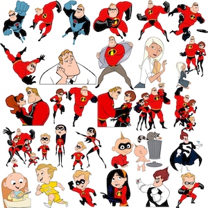 May include: A collection of cartoon illustrations featuring characters from the animated film "The Incredibles." The images showcase various poses and scenes of the superhero family, including Mr. Incredible, Elastigirl, and their children.