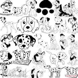May include: Black and white illustrations of various Dalmatian dogs in different poses. Some illustrations include text in Russian and English, and the number "101" is featured prominently. The images are in a cartoon style.