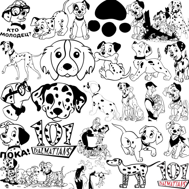 May include: Black and white illustrations of various Dalmatian dogs in different poses. Some illustrations include text in Russian and English, and the number "101" is featured prominently. The images are in a cartoon style.